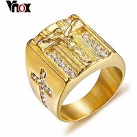 Vnox Punk Jesus Christ Cross Chunky Ring for Men Stainless Steel Crystals Religion Prayer Male Hip-hop Jewelry Gold Color