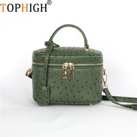 TOPHIGH Custom Design Round Green Ostrich Leather Box Bag For Women 2025 Retro Bucket Tote Bag Snake Pattern Boxes Handbag