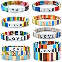 28 Styles Bohemian Handmade Rainbow Elastic Stretch Stack Letter Love Tile Metal Alloy Bead Enamel Painted Bracelet Valentine's