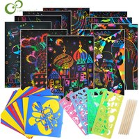 Magic Color Rainbow Scratch Art Paper Card Set with Graffiti Stencil for Drawing Stick DIY Art Painting Toy for Children GYH