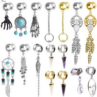 Alisouy 2pcs 6-25mm Stainless Steel Feather Dangle Ear Plugs Tunnel Drop Tassel Piercing de orelha Tunnel Alargador de orelha