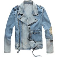 Blouson en jean bleu déchiré Sokotoo pour homme, style motard, streetwear, avec fermetures éclair et col rabattable, manteau en denim, vêtement d'extérieur