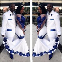 Customized Mermaid African Wedding Dresses Royal Blue Appliques Long Illusion Sleeves Formal Gowns Pageant Bridal Gowns