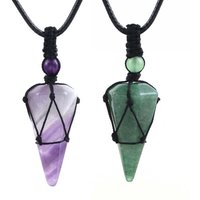 Crystal Hexagonal Stone Pendant Necklace For Women Natural Amethyst Green Aventurine Stone Pendants Adjustable Rope Cord Jewelry
