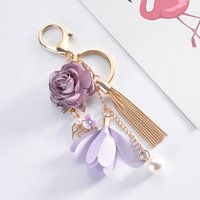 Fresh Fabric Pink Flower Tassel Chain Car Keychain Petal Imitation Pearls Exquisite Keyring Women Bag Pendant Trinket Girl Gift