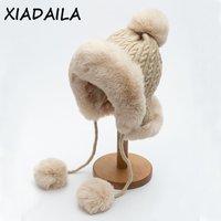 Outdoor Earflap Hut Wolle gestrickt Schnee Ski Cap Fleece Bomber Trapper Hut Frauen Uschanka Kunstfuchs Pelz Bommel Winter Russain Kosaken