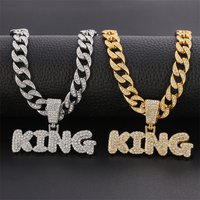 Hip Hop KING Letters Pendant Necklace with Miami Cuban Chain Iced Out Bling HipHop Necklaces Male Charm Jewelry Gift