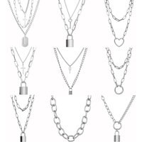 Cute Simple Chain Link Lock Necklace Pendant Women Silver Color Fashion Goth Jewelry Party Punk Maxi Collier Long Necklace Gift