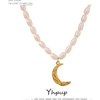 Yhpup Elegant Natural Pearl Jewelry Necklace Moon Pendant Stainless Steel Collar Waterproof Temperament for Women Bijoux