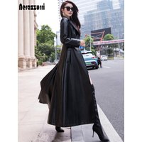 Manteau Trench en Cuir Maxi Évasé et Ajusté Nerazzurri pour Femme, Collection Printemps 2021, Vêtement de Luxe de Créateur, Manches Longues, Col Revers