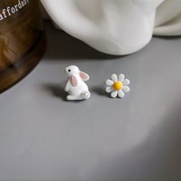 Cute Cat Rabbit Daisy Asymmetry Stud Earrings For Women Sweet Mini Flower Heart Animal Statement Party Wedding Jewelry Gift
