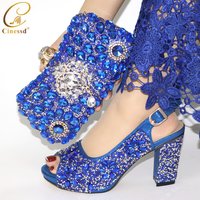 Blue Color Shoes and Bag Set African Sets Decorated with Rhinestone Italian Shoes with Matching Bag 2025 Nigerian Women Shoes