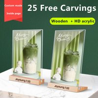 A4 Wooden Display Stand Acrylic A5 Table Menu Price Billboard Milk Tea Table Card Sign Double-Sided Transparent Stand Price Tag