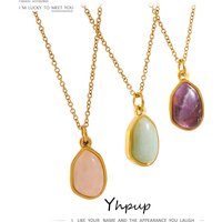 Yhpup Stainless Steel Crystal Green Purple Natural Stone Pendant Simple Necklace Fashion Women Waterdrop Charm Collar Jewelry