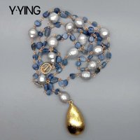 YยทYING Blue Kyanites Gray freshwater Pearl statement Necklace 21"