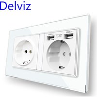 Delviz Gehärtete Glassteckdose, EU-Standard-Steckdose, 146mm X 86mm Kristallglasplatte, 2A Dual-USB-Ladeanschluss, 16A Wand-USB-Steckdose