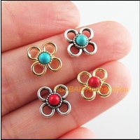 30Pcs Retro Gold Color Tibetan Silver Tone Flower Clover Blue&Red Stone Charms Connectors 9.5mm