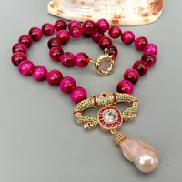 KKGEM Natural 12mm Smooth Round Fuchsia Tiger Eye Necklace Cubic Zirconia Pave Pink Keshi Pearl Pendant 18"