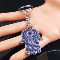 Stainless Steel Hamsa Hand Fish Eyes Keychain Blue Silver Color Hand of Fatima Hebrew Judaism Hexagram Keyring Jewelry K3706S02