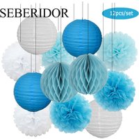 Blue White Set Round Paper Lantern Hanging Ball Honeycomb Kit For Kids Boy 1st Birthday Party Favor Baby Baptism Wedding Decor