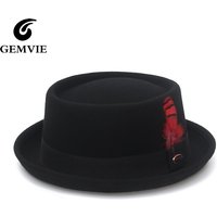 GEMVIE 100% Wool Felt Crushable Men Women Porkpie Fedora Hat Short Brim Autumn Winter Pork Pie Hat Striped Feather Band