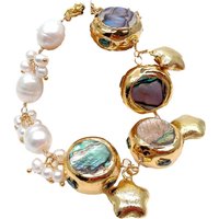 YYGEM 11x13mm Cultured White Rice Pearl 22mm Rainbow Color Abalone Shell Wrap Bracelet 8"