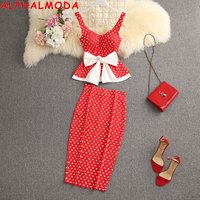 ALPHALMODA Women's Ruffled Sweet Bow Sashes Slim Top + Back Slit Pencil Skirt 2pcs Fashion Suit