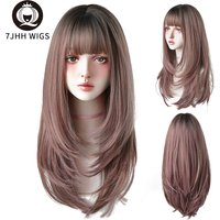 7JHH perruques synthétiques longues droites rose brun cheveux haut teint noir ombré perruques avec frange pour les femmes mode résistant à la chaleur perruques