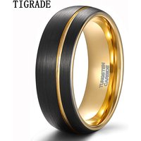 Tigrade 8mm Mens Tungsten Wedding Rings Black Ring with Asymmetric Gold Color Band for Women Two Tone Brushed Comfort Fit