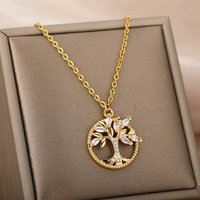 Zircon Tree of Life Round Pendant Necklaces For Women Stainless Steel Chain Choker Rhinestone Collar Jewelry Gift Femme