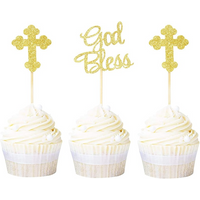 12pcs God Bless Cross Cupcake Toppers Baptism Party Decorations Glitter Bless Cake Topper Dessert Dress Up Baby Birthday