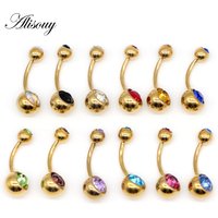 Alisouy 1pc Stainless Navel Rings Gold Color Anodized Belly Button Piercing Double Crystal Ombligo for Women 14G Body Jewelry