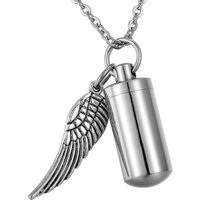 Unisex Fashion Stainless Steel Jewelry Holder Cylinder Ashes Urn Pendant Angel Wing Charm Cremation Memorial Necklace Jewelry