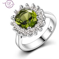 Shining Flower Silver Ring with Natural Peridot Stones Cubic Zircon Rings for Women Retro Luxury Wedding Engagement Jewelry Gift