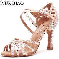 WUXIJIAO Women Party Dance Shoes Satin Shining rhinestones Soft Bottom Latin Dance Shoes Woman Salsa Dance Shoes heel5CM-10CM image 4