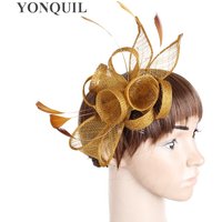 Elegant Women Gold Hair Fascinator Hats On Hair Comb Ladies Fancy Feather Wedding Hair Accessories Multiple Colors Select SYF231
