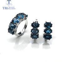 Natural london blue topaz gemstone jewelry set simple classic rings and earrings 925 sterling sliver for women gift