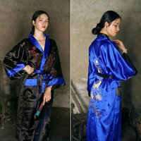 Novelty Reversible Bath Robe Women Kimono Yukata Satin Embroidery Dragon Nightgown Chinese Kimono Robe Gown Two Side Sleepwear