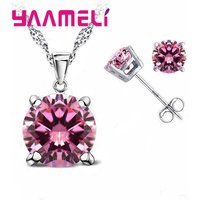 Fast Shipping 925 Serling Silver Color Shiny Cubic Zirconia Necklace Pendant Earrings Women Big Round Crystal Jewelry Sets