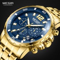 Megir Herren-Armbanduhr aus Gold, Edelstahl, Quarz, Business-Chronograph, analoge Armbanduhr für Herren, wasserdicht, leuchtend, 2068GGD-2N3