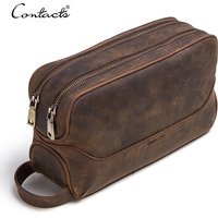 CONTACT'S crazy horse genuine leather men's cosmetic bag male toiletry bag vintage wash bags man's make up bags travel organizer