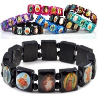 Saints Jesus Religious Wood Catholic Icon Bracelets Unisex Fashion Wood Bracelet Paryer Charm Jewelry 7 Colors