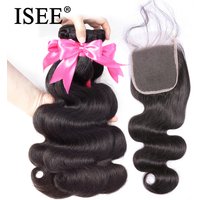 ISEE Human Hair Bundles With Closure 3 Bundles Body Wave Bundles With Frontal Hair Extension Indian Hair 4x4 Lace Free Part