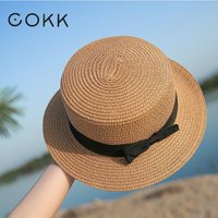 COKK Panama Simple été chapeau de plage femme décontracté dame femmes bord plat nœud papillon casquette de paille filles chapeau de soleil Chapeu Feminino