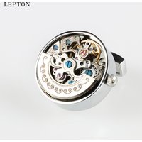 Low-key Luxury Functional Watch Movement Cufflinks Lepton Stainless Steel Steampunk Gear Watch Mechanism Cufflinks for Mens