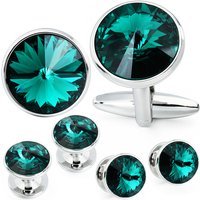 HAWSON Crystal Cufflinks and Shirt Studs Set Green Color Stone Mens Wedding Party Anniversary Birthday Jewelry Gifts for Him