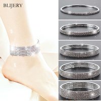 BLIJERY Silver Color Full Rhinestone Elastic Anklets for Women Crystal Ankle Bracelet Barefoot Sandals Femme Summer Foot Jewelry