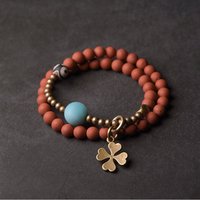Yellow Red Onyx Stone Beads Bracelet Clover Lucky Jewelry Mom Gift for Women Sister Courage Confidence Amazonite
