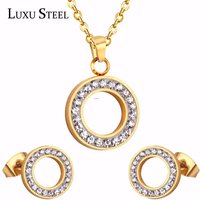 LUXUSTEEL Set Stainless Steel Hollow Out Round Cubic Zirconia Pendant Necklace Earrings Brinco Female Bijoux Party Wholesale