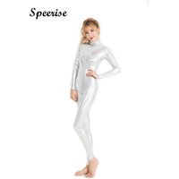 SPEERISE Women Long Sleeve Shinny Metallic Unitards Sex Full Body Bodysuit Spandex Dance Gymnastic Catsuit